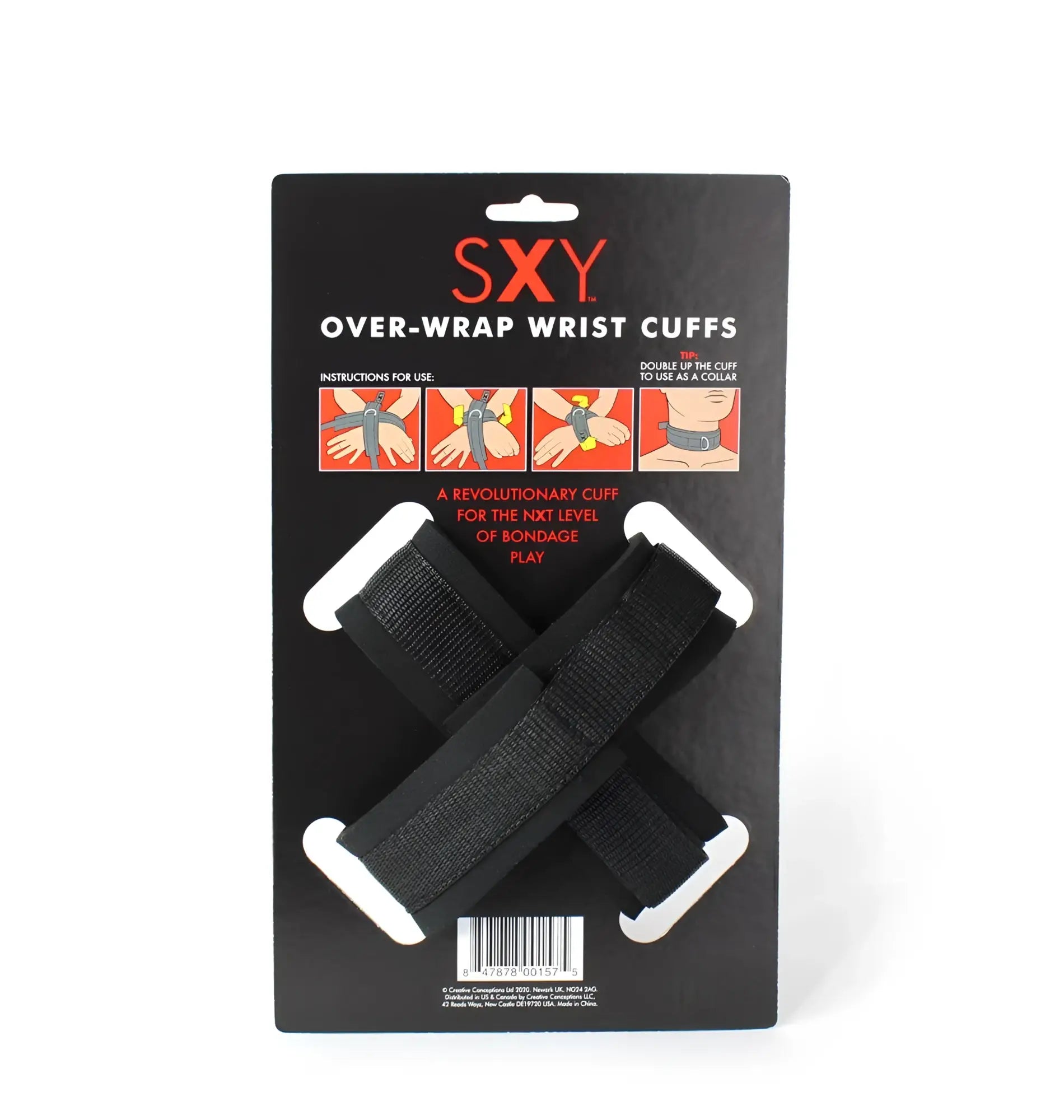 Black CreativeC SXY cuffs over-wrap wrist cuffs with white plastic ends on a black cardboard display card