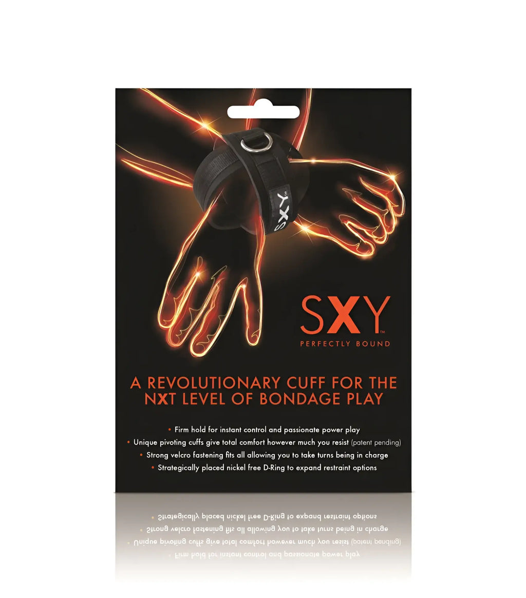Black leather wrist cuff with silver metallic accents and sxy logo on the strap from creativec sxy cuffs collection