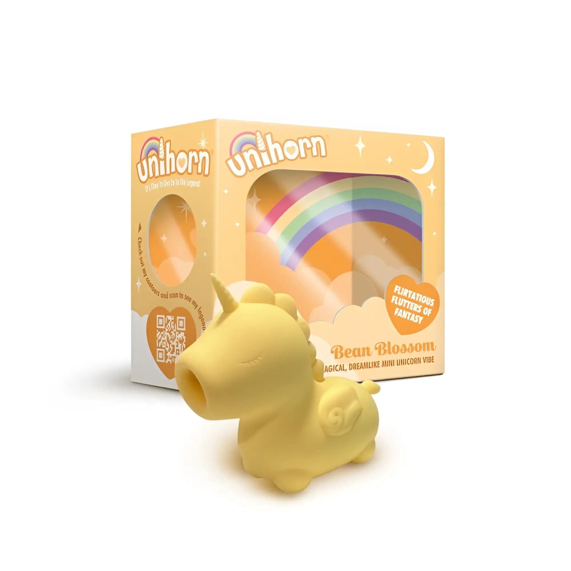 Yellow silicone creativec unihorn bean blossom vibe unicorn-shaped stress ball with rainbow design packaging