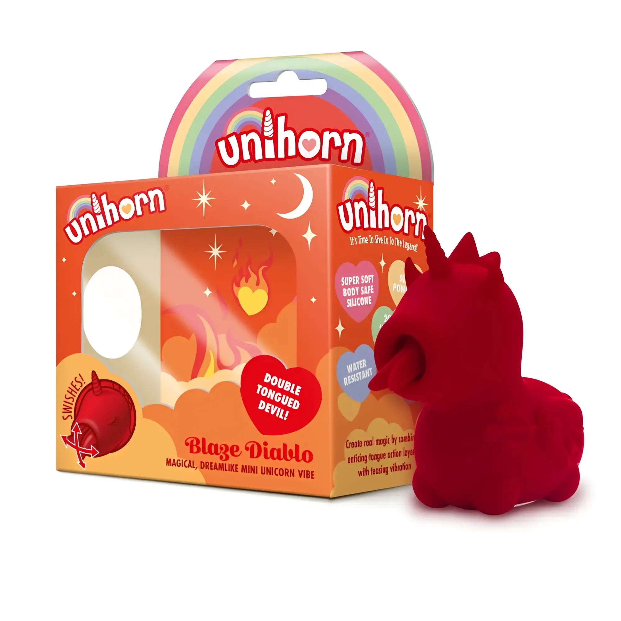 Red silicone unicorn-shaped vibrator with devilish design blaze diablo model by unihorn for creative massage