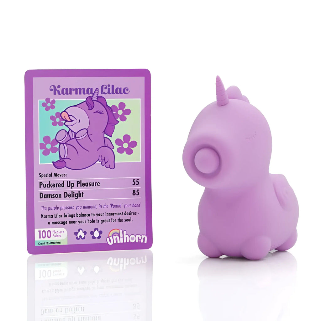 Creativec unihorn karma lilac purple silicone unicorn-shaped vibrator with rounded head and matching collectible card