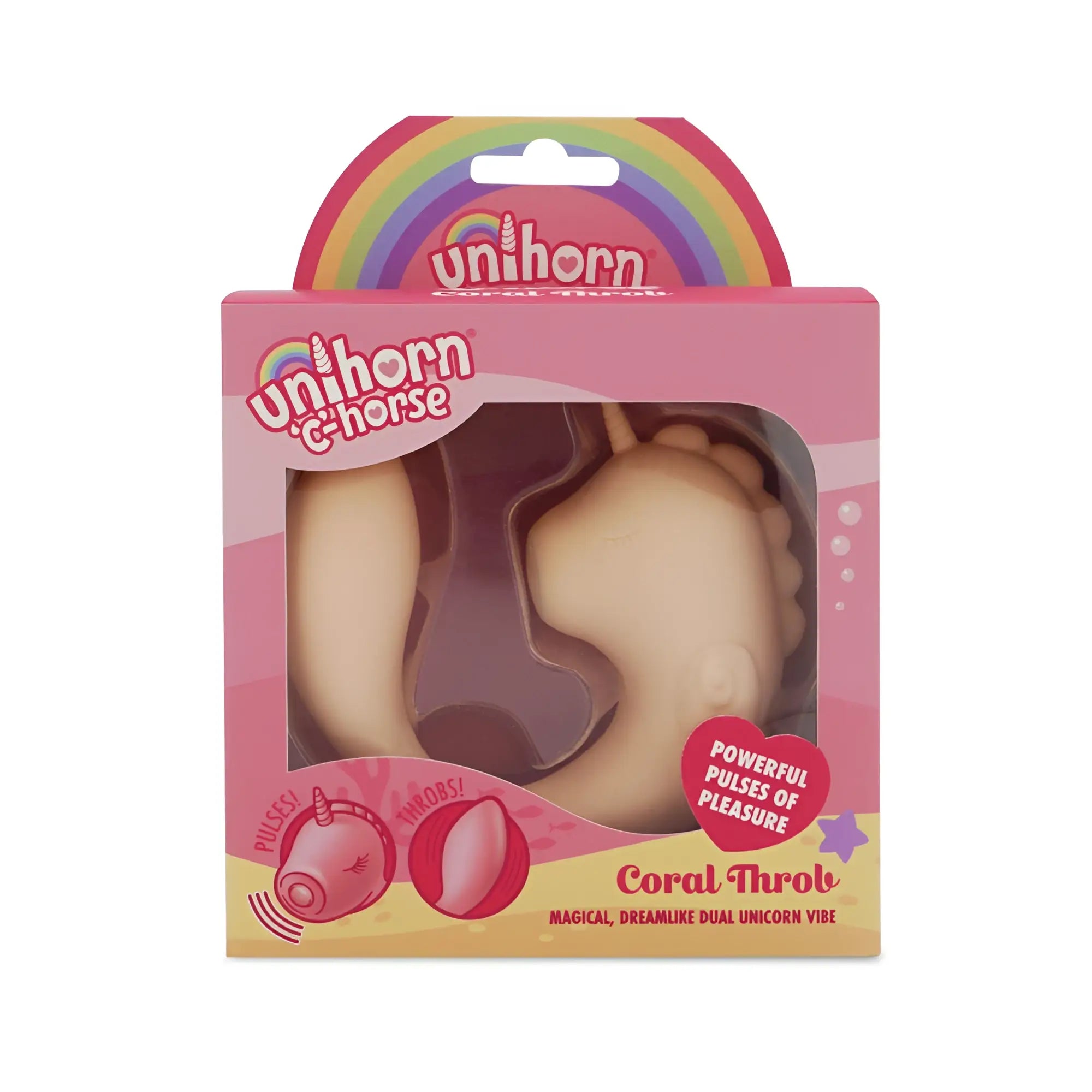 Coral-colored dual unicorn vibe toy in pink packaging box from creativec unihorn massager c horse coral throb