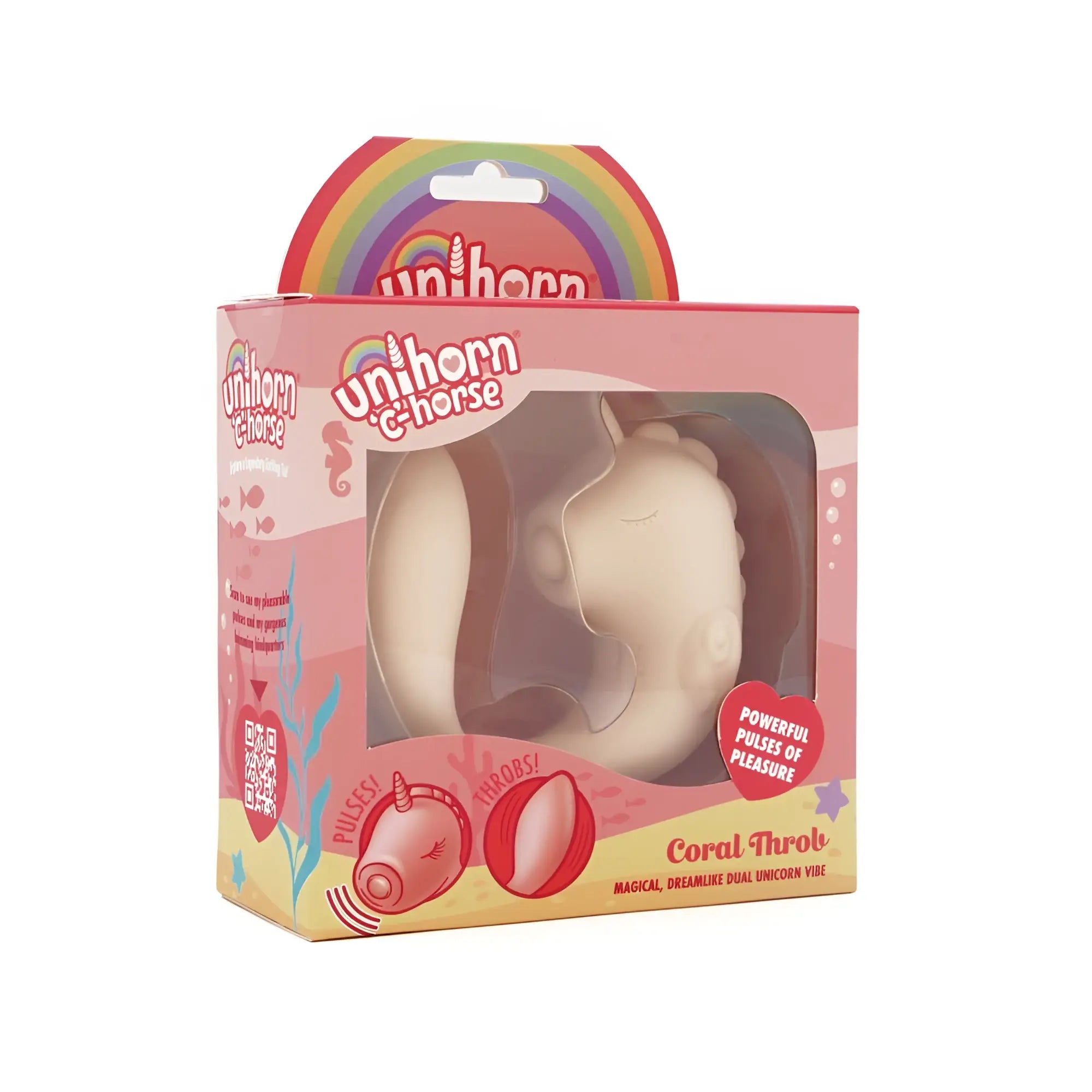 Cream-colored dual-headed unicorn-shaped vibrator in pink rainbow-themed box creativec unihorn massager c horse coral throb
