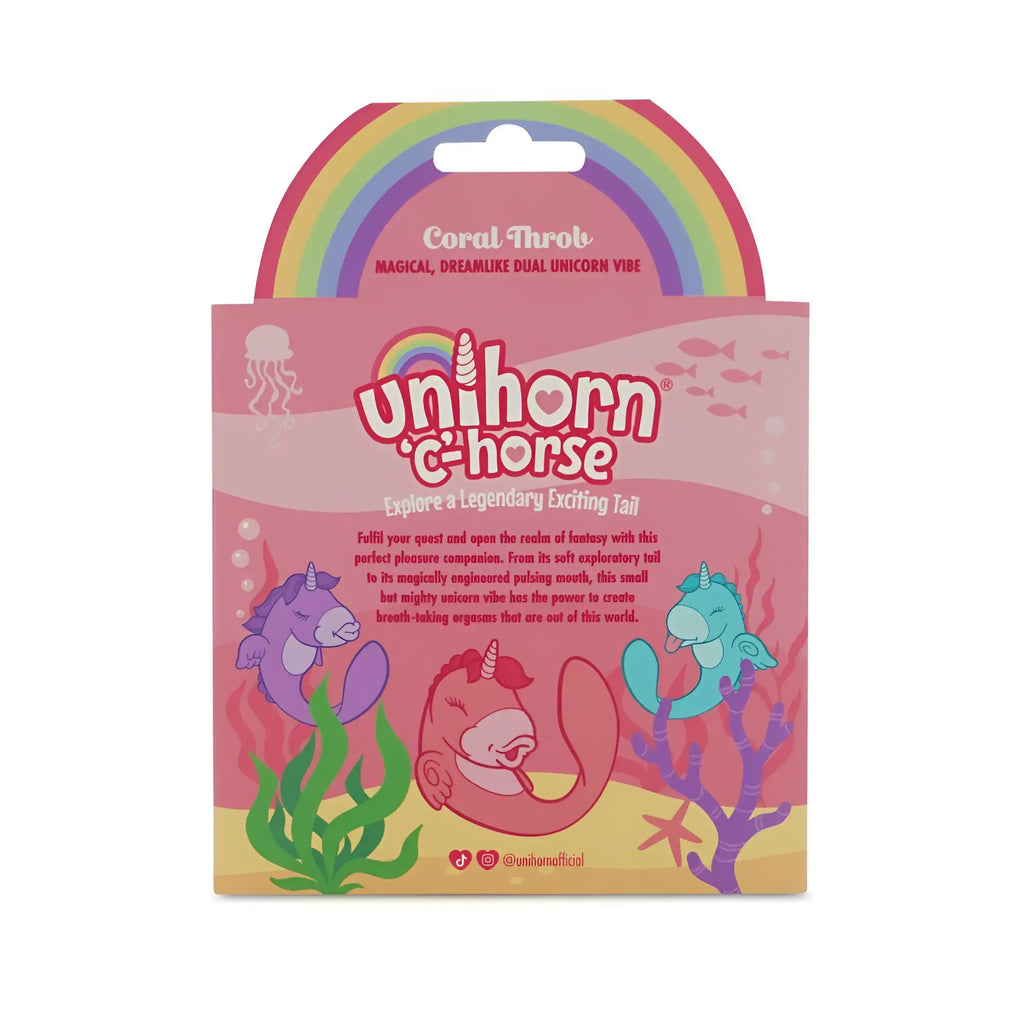 Pink dual unicorn vibe toy with coral throat and colorful underwater unicorn illustrations by CreativeC