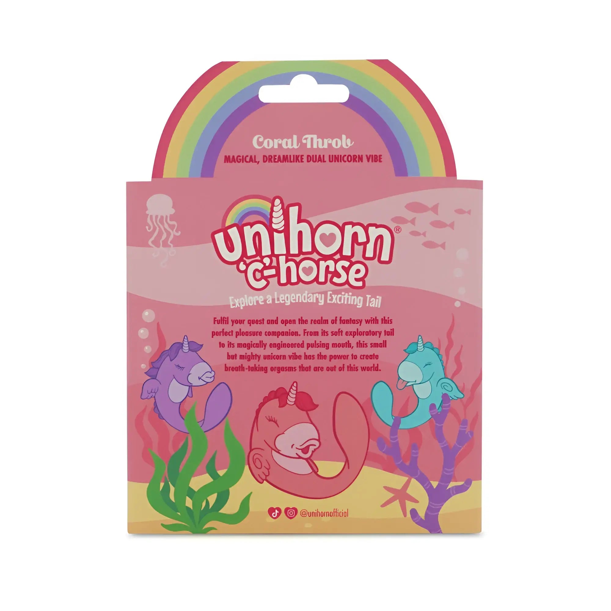 Pink dual unicorn vibe toy with coral throat and colorful underwater unicorn illustrations by CreativeC
