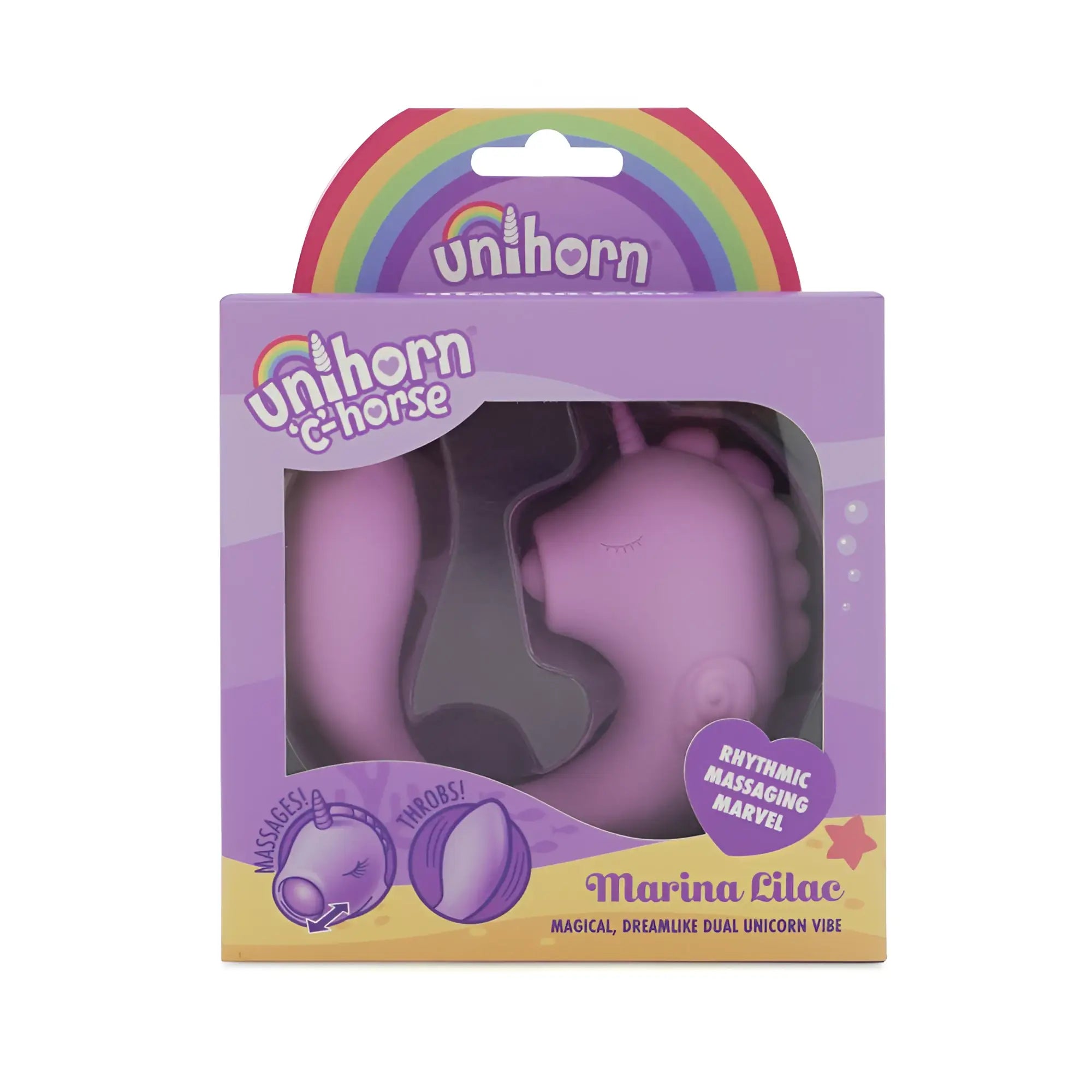 Purple silicone unicorn-shaped dual vibration massager in CreativeC Unihorn Massager C Horse Marina Lilac packaging
