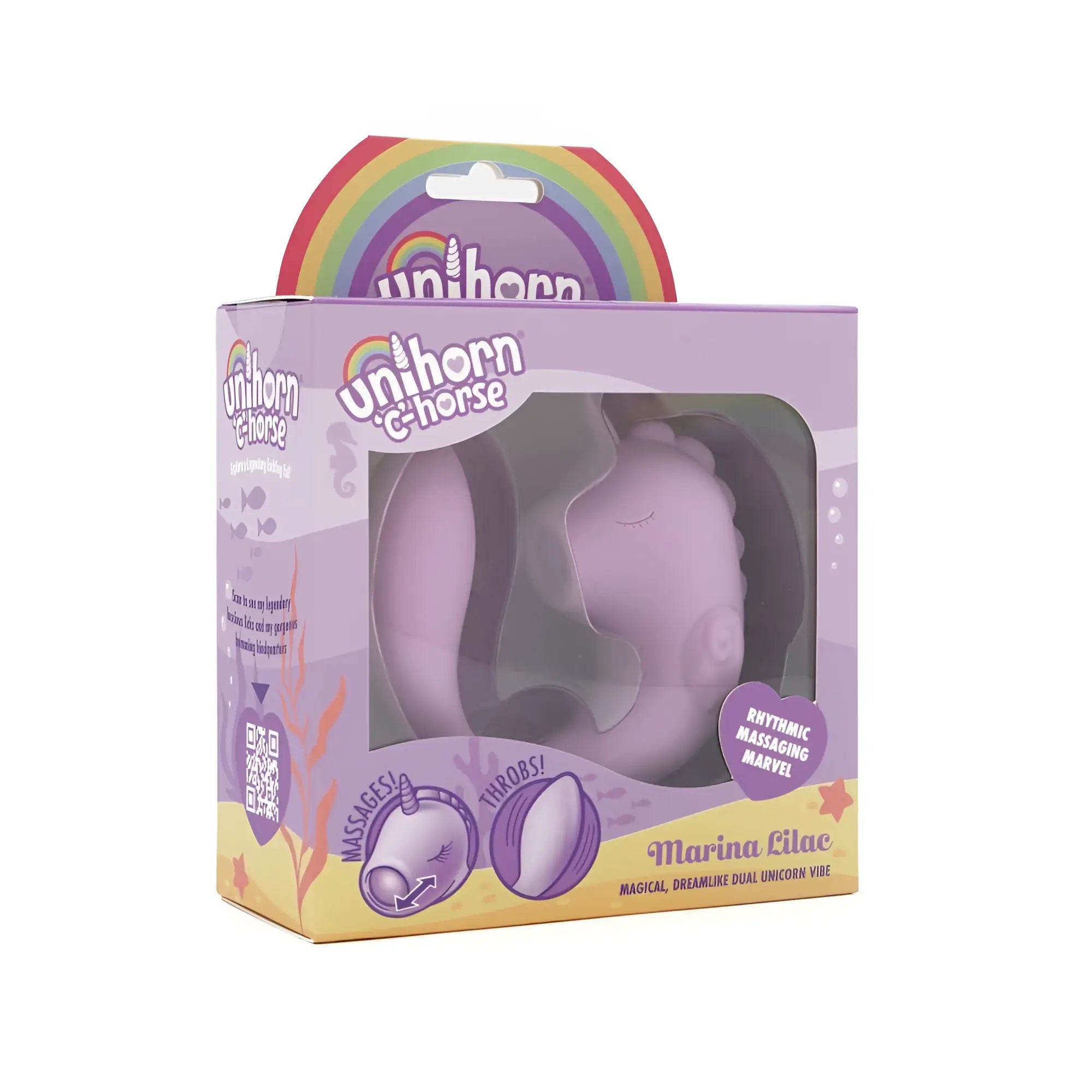 Purple unicorn-shaped dual vibration silicone massager in branded CreativeC Unihorn Massager C Horse Marina Lilac box