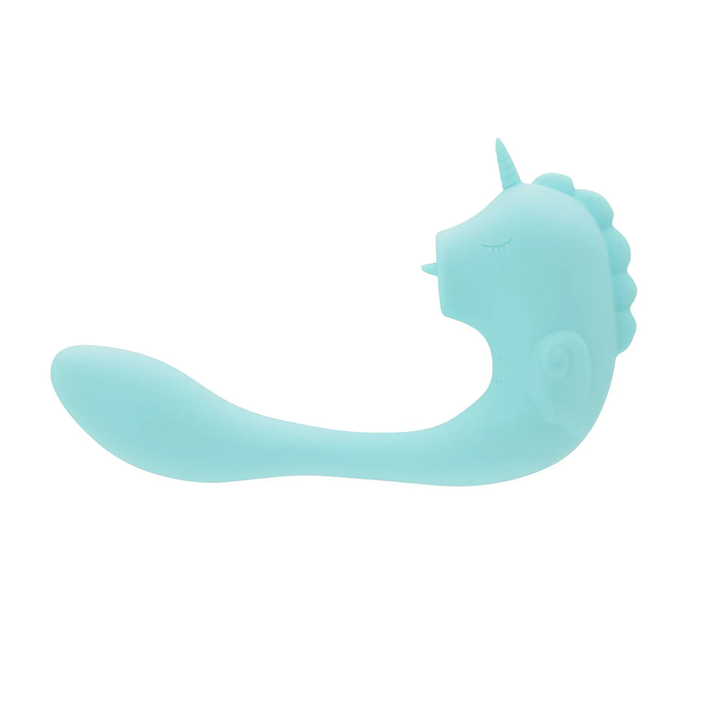 CreativeC unihorn massager c horse ocean peak soft light blue silicone unicorn vibrator with smooth rounded design and closed eyes