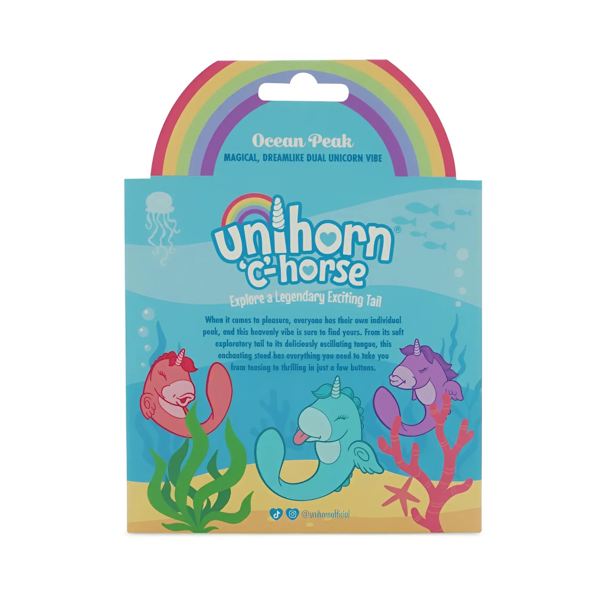 CreativeC unihorn massager c horse ocean peak is a colorful dual unicorn silicone toy with soft body and rainbow packaging