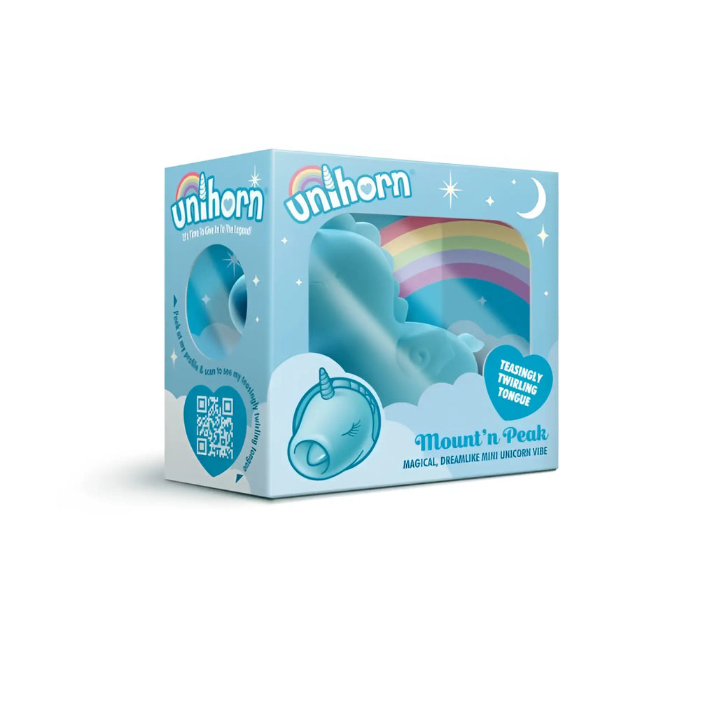 Creativec unihorn mount n peak vibe light blue silicone unicorn mini vibrator with rainbow and cloud packaging design