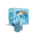 Light blue silicone unicorn-shaped vibration massager with a small horn and closed eyes branded mountnpeak