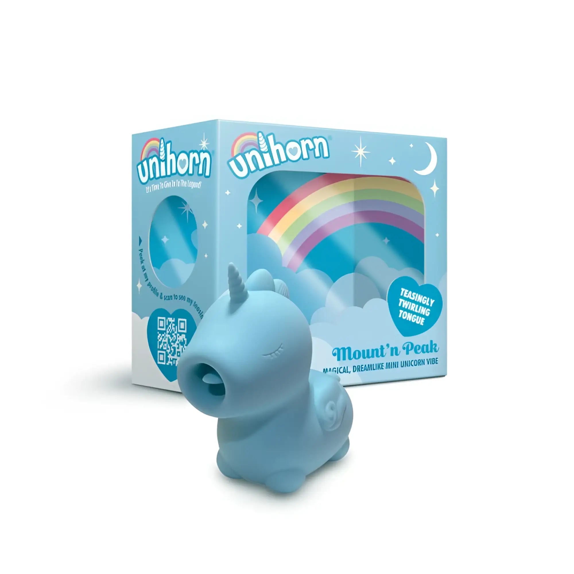 Light blue silicone unicorn-shaped vibration massager with a small horn and closed eyes branded mountnpeak