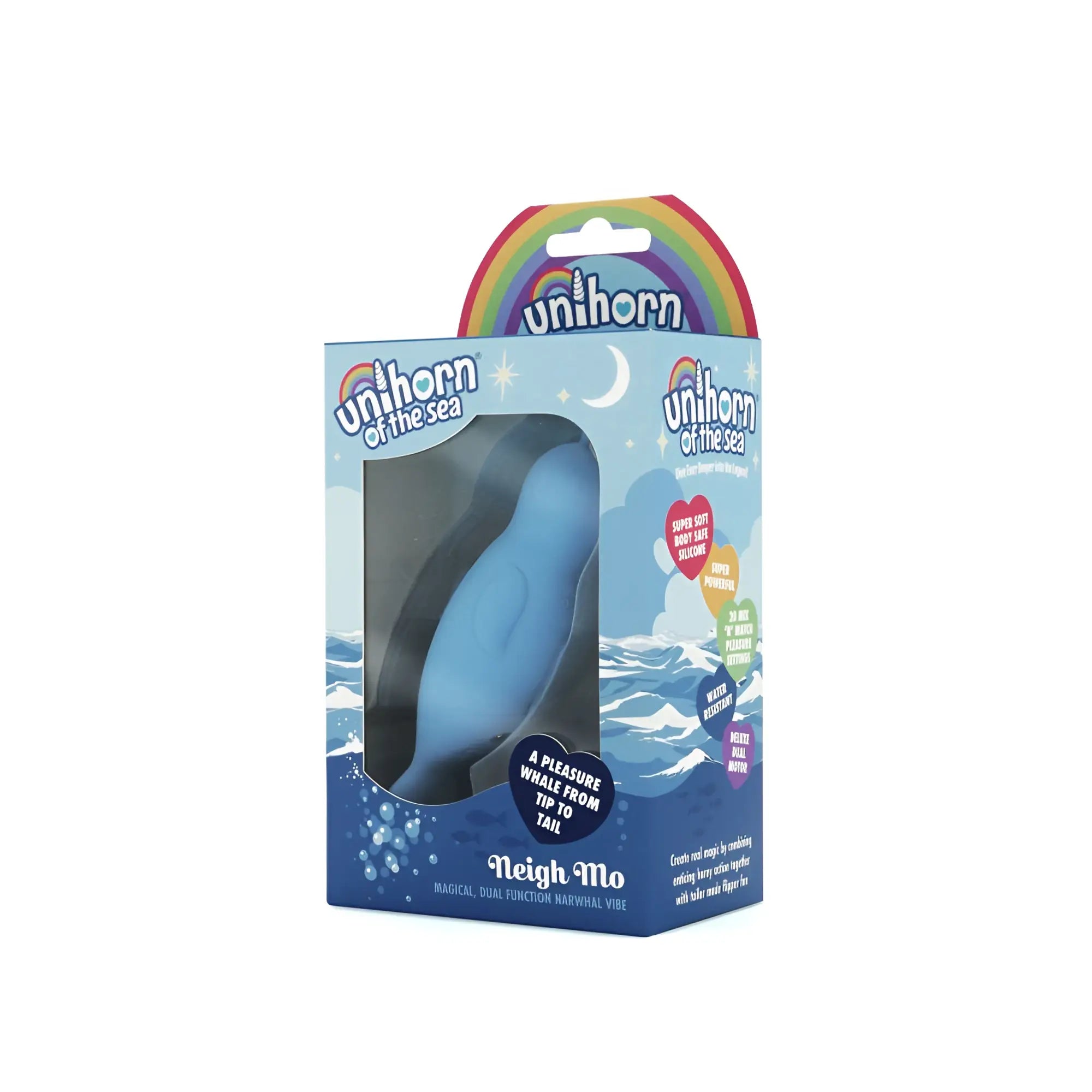 Blue silicone whale-shaped vibrator in rainbow-themed box labeled unicorn of the sea by Neigh Mo creativeC Unihorn of the sea