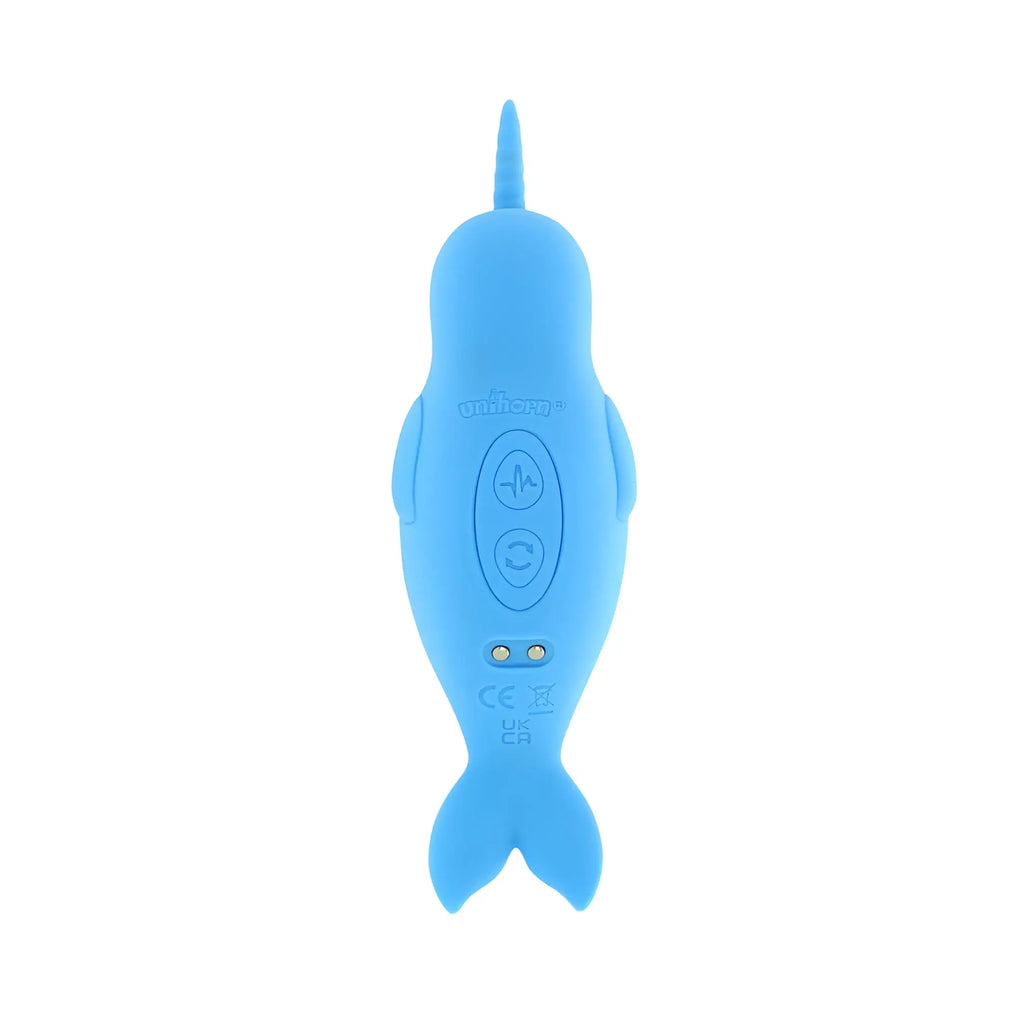A light blue silicone creativec unihorn of the sea neigh mo narwhal personal massager with two circular buttons and a small horn