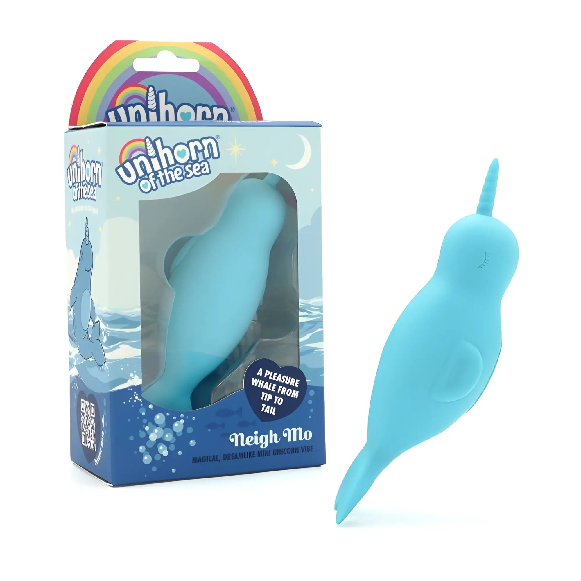 A light blue silicone narwhal-shaped pleasure toy with a smooth glossy finish from unicorn of the sea