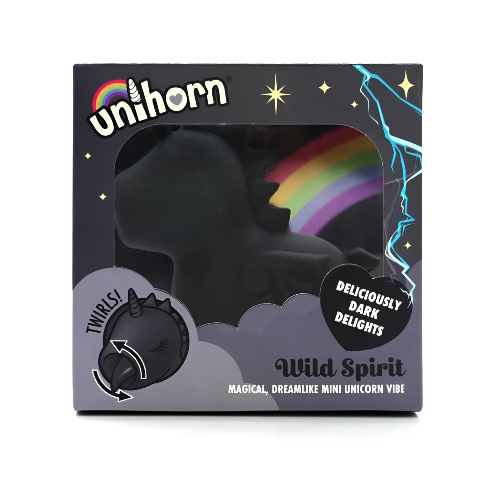 CreativeC Unihorn wild spirit vibe black unicorn stress reliever with rainbow mane and lightning bolt in branded box