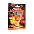The creativec xxxtra naughty nights erotic dare dice set includes three colorful glossy dice in yellow orange and red with playful phrases