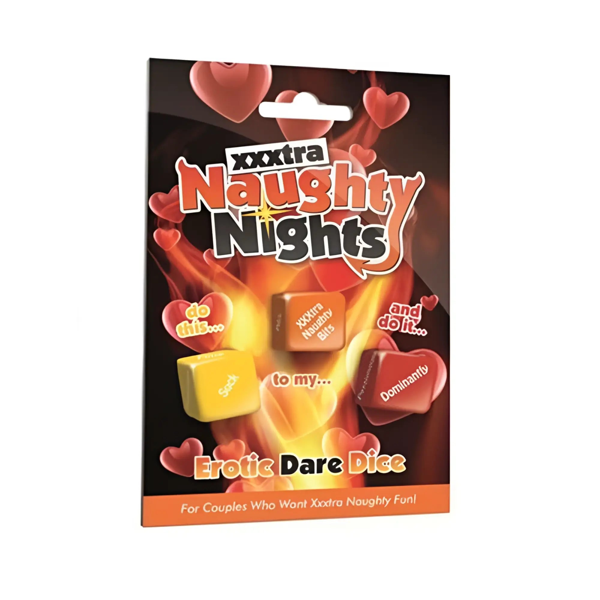 The creativec xxxtra naughty nights erotic dare dice set includes three colorful glossy dice in yellow orange and red with playful phrases