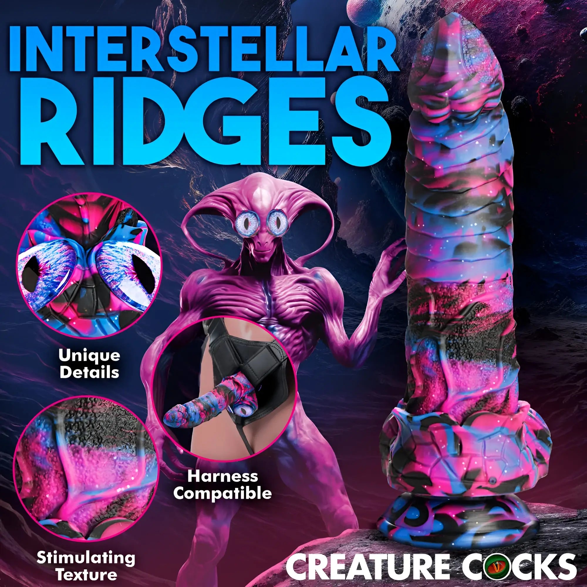 Creature cocks alienoid silicone dildo with interstellar ridges and swirling pink and blue galaxy-inspired design