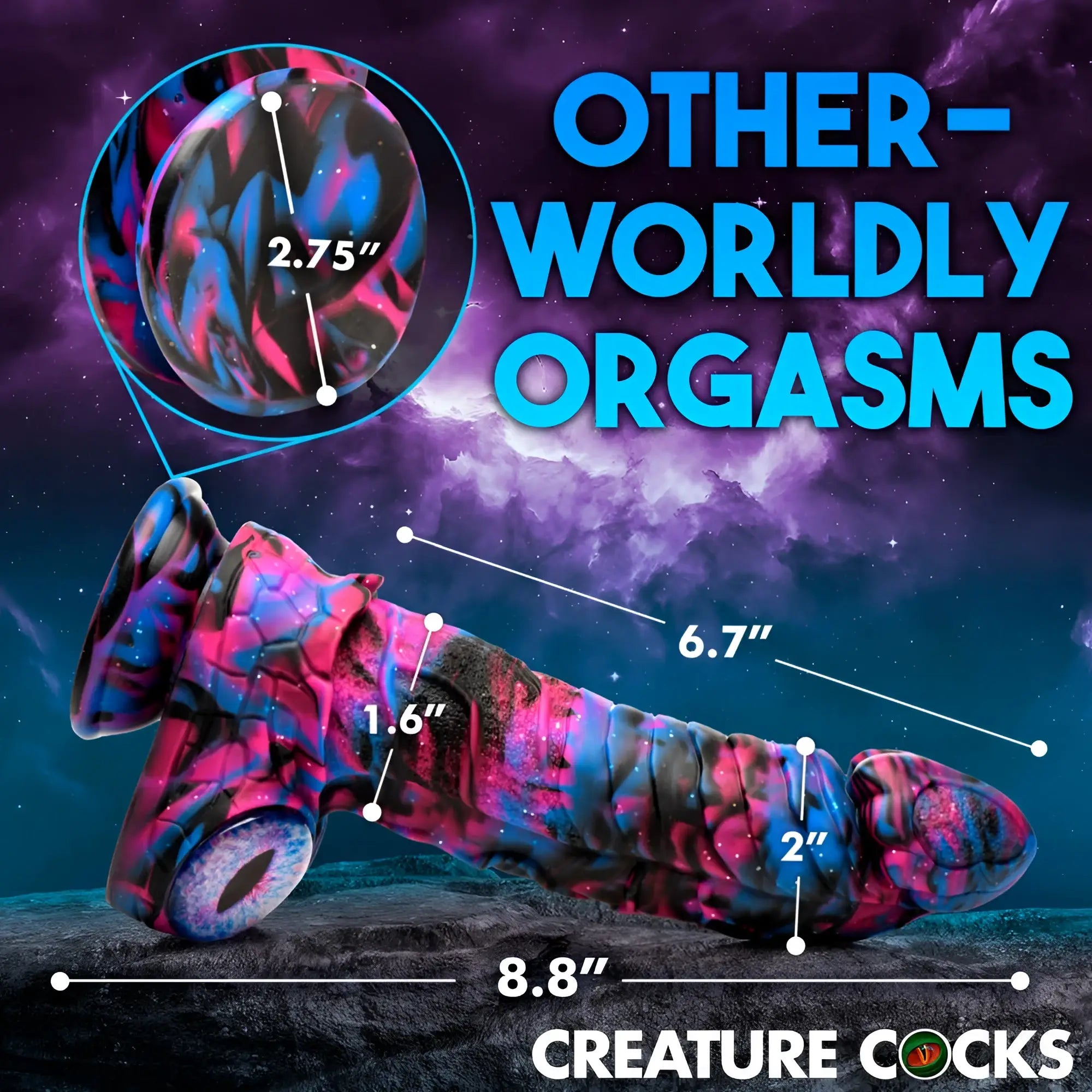 Creature cocks alienoid silicone dildo is a vibrant galaxy-themed phallic toy measuring 6.7 inches long and 2.75 inches wide