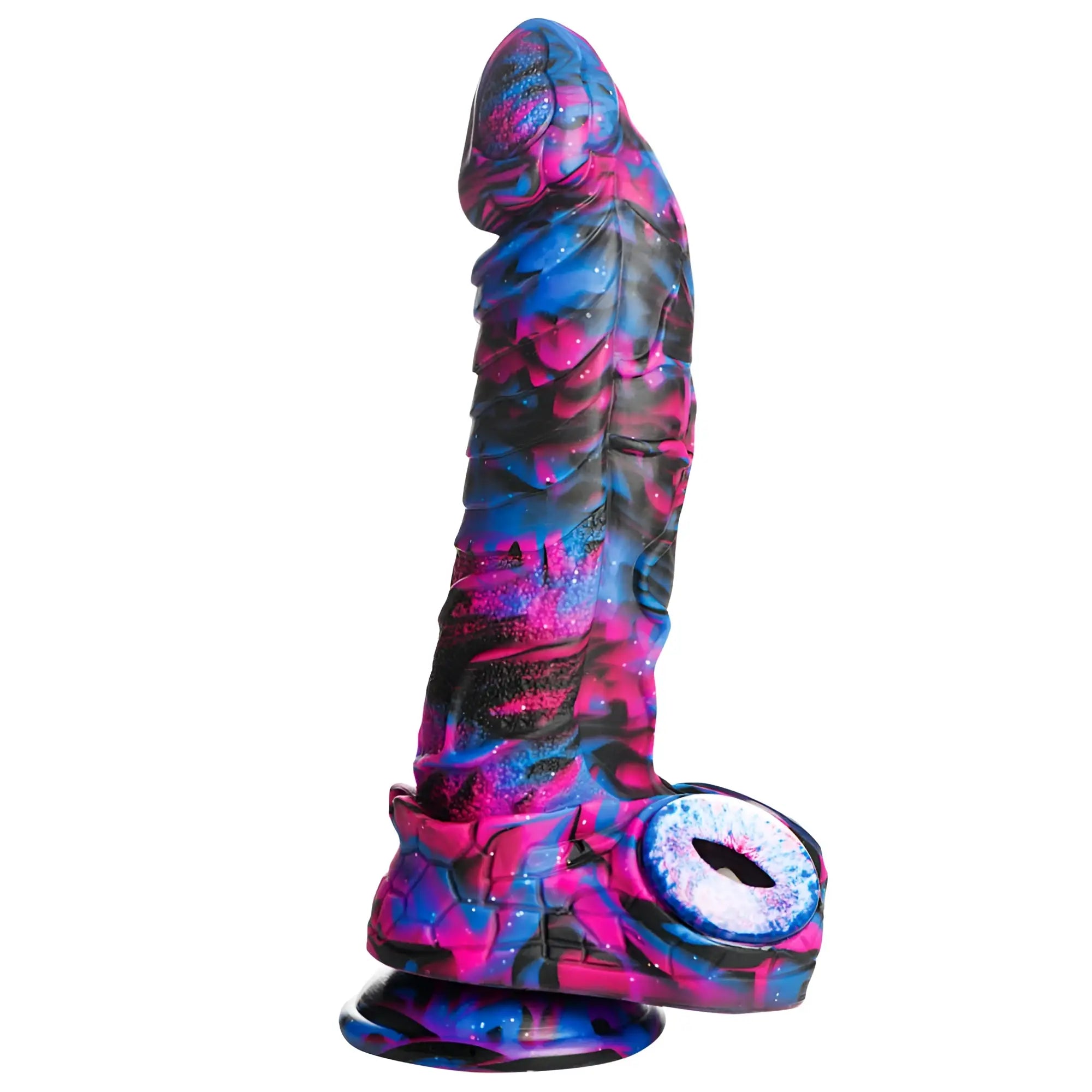 A vibrant galaxy-themed pink and blue silicone dildo with textured surface from Creature Cocks Alienoid collection