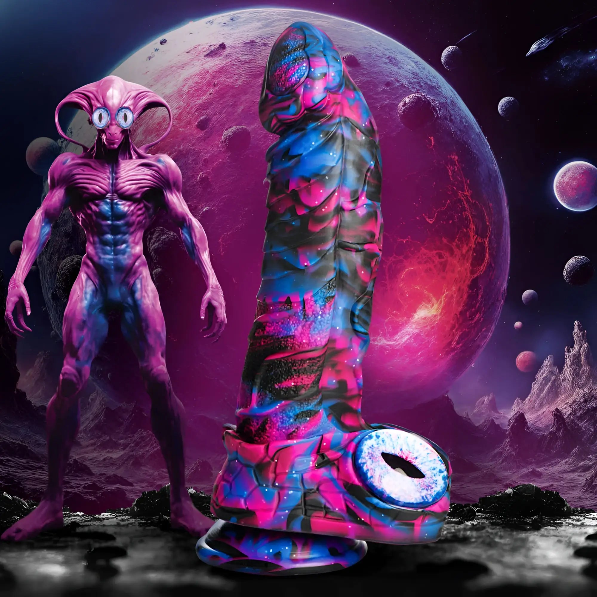 Creature Cocks Alienoid silicone dildo with glossy pink and blue cosmic swirl and eye design at its base