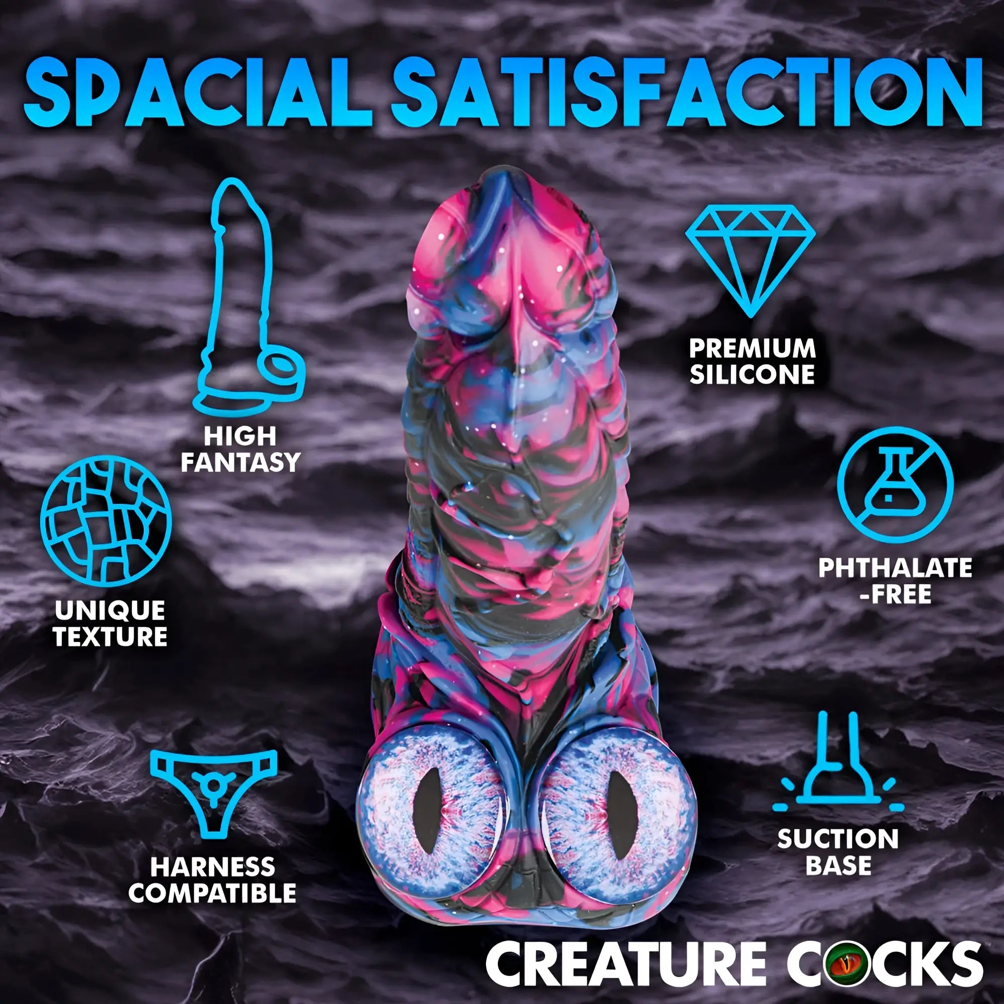 A vibrant pink blue and black marbled silicone Creature Cocks Alienoid dildo with suction base and eye details