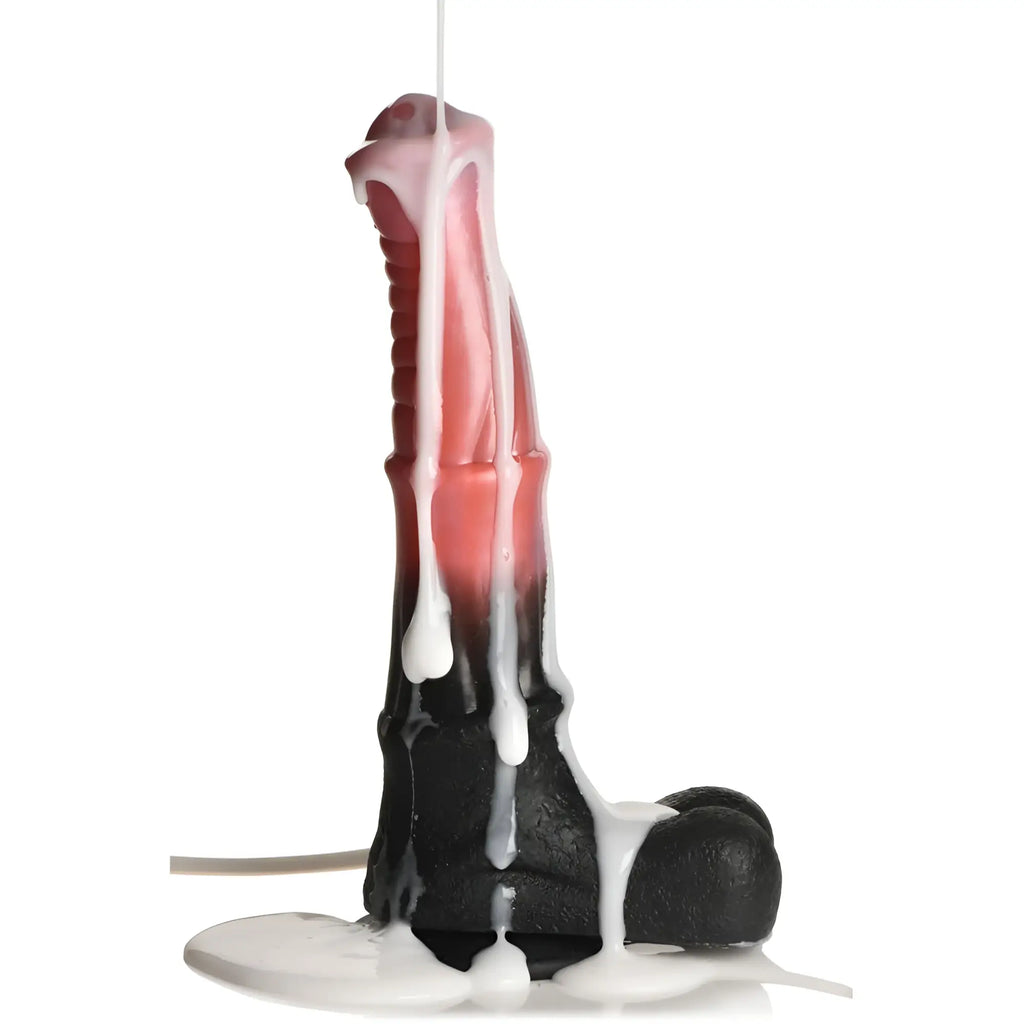 Black and pink silicone Creature Cocks Centaur Explosion squirting dildo with white wax dripping down its length