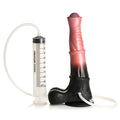 Pink and black gradient silicone dildo with textured shaft and boot-shaped base with clear creature cocks syringe for filling