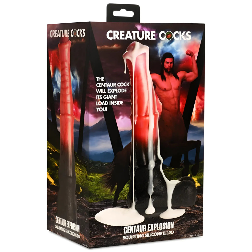 Red and white squirts silicone dildo resembling a centaur cock in branded Creature Cocks Centaur Explosion box