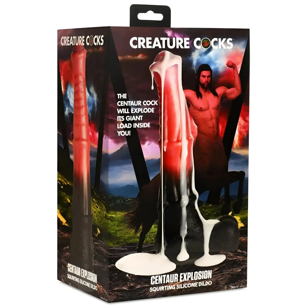 Red and white squirts silicone dildo resembling a centaur cock in branded Creature Cocks Centaur Explosion box