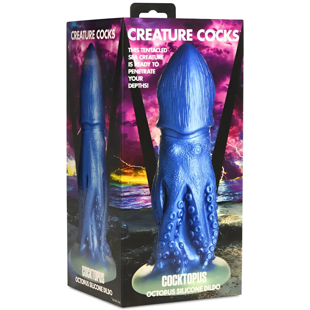 Blue silicone octopus-shaped dildo in packaging from creature cocks cocktopus for creative adult play