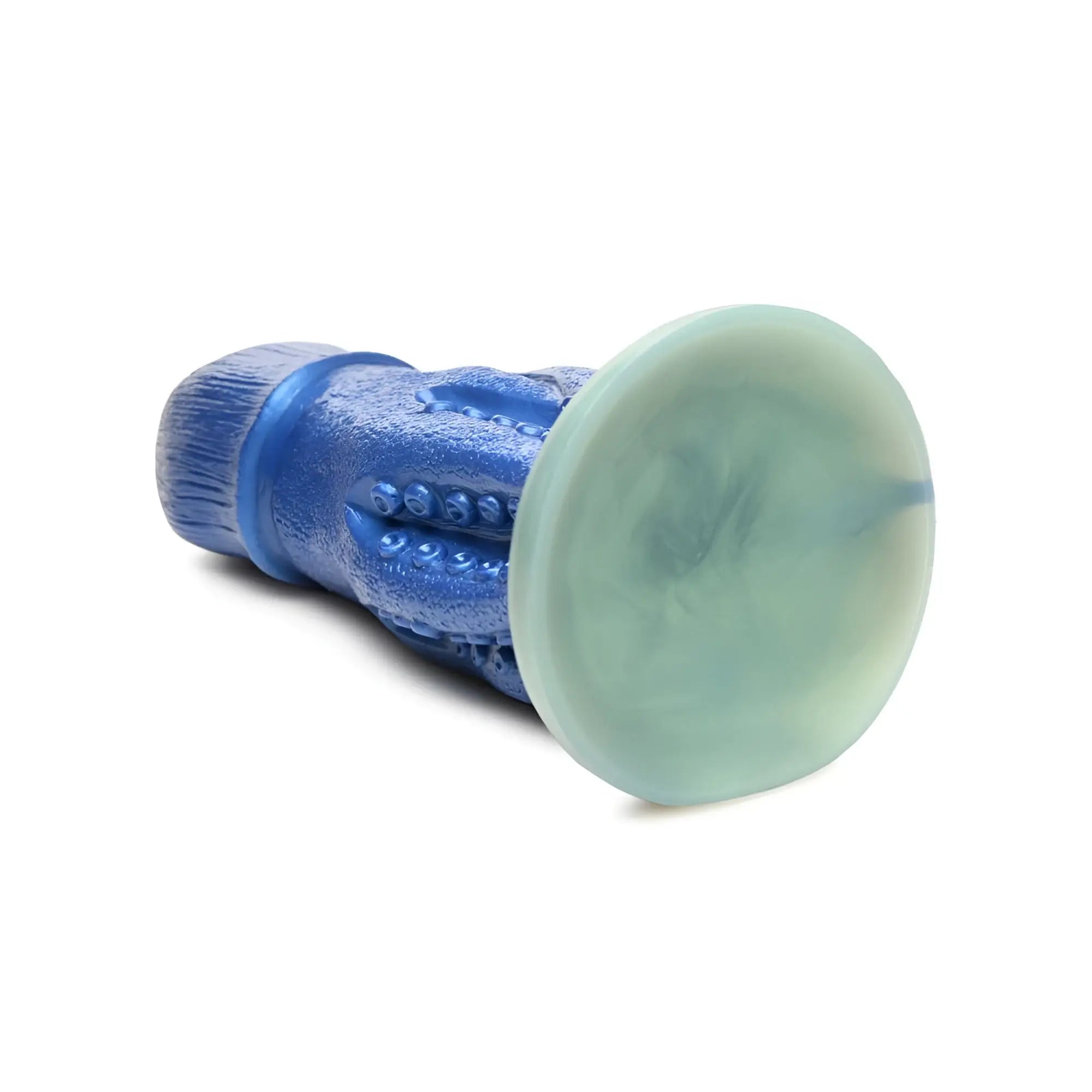 Blue octopus-shaped silicone dildo with translucent green suction cup base from Creature Cocks Cocktopus series
