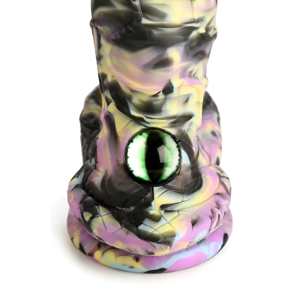 Creature Cocks cyclops monster silicone dildo with a colorful marbled body and a prominent green and black eye
