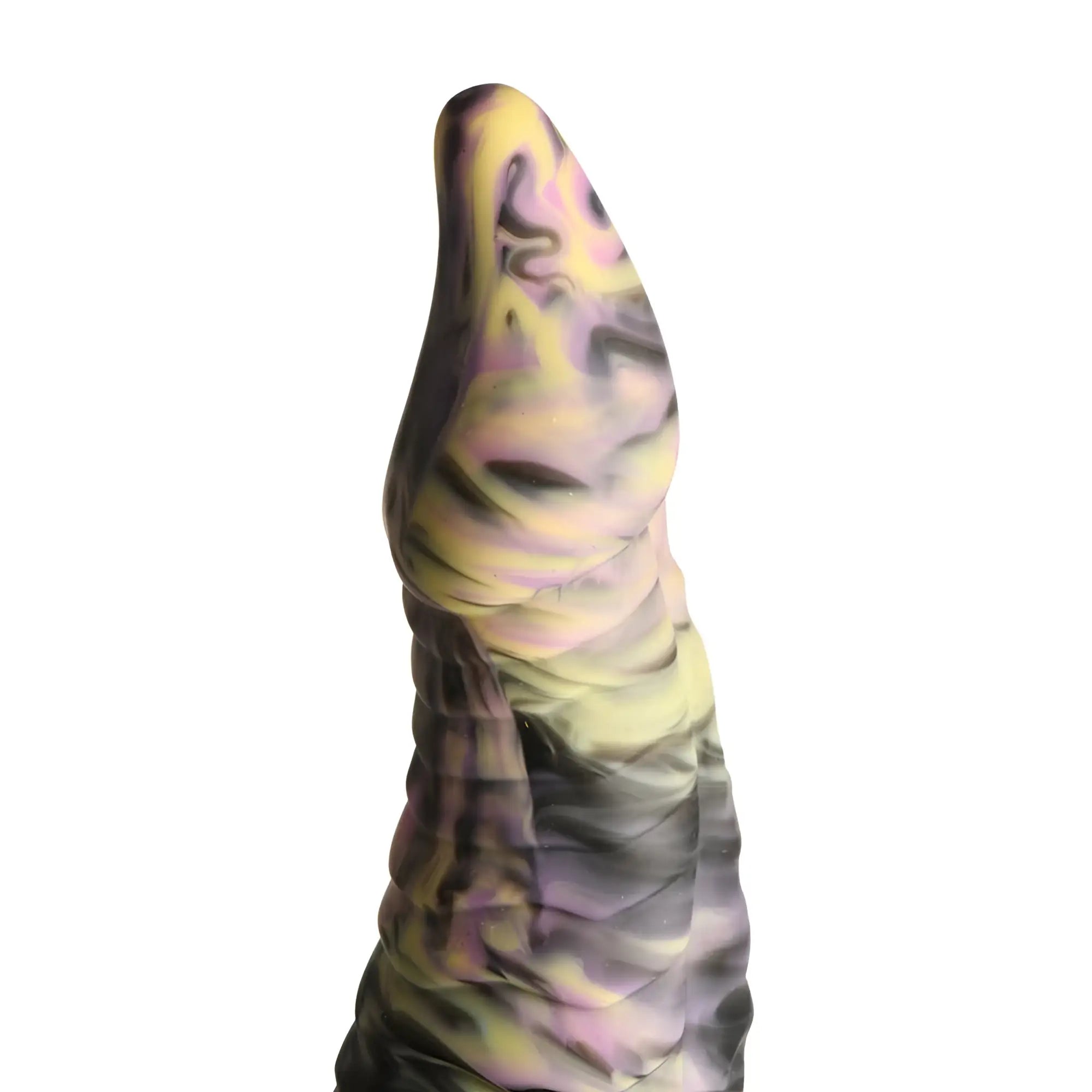A tapered sculpted silicone dildo with yellow purple and black swirling pattern from creature cocks cyclops monster line