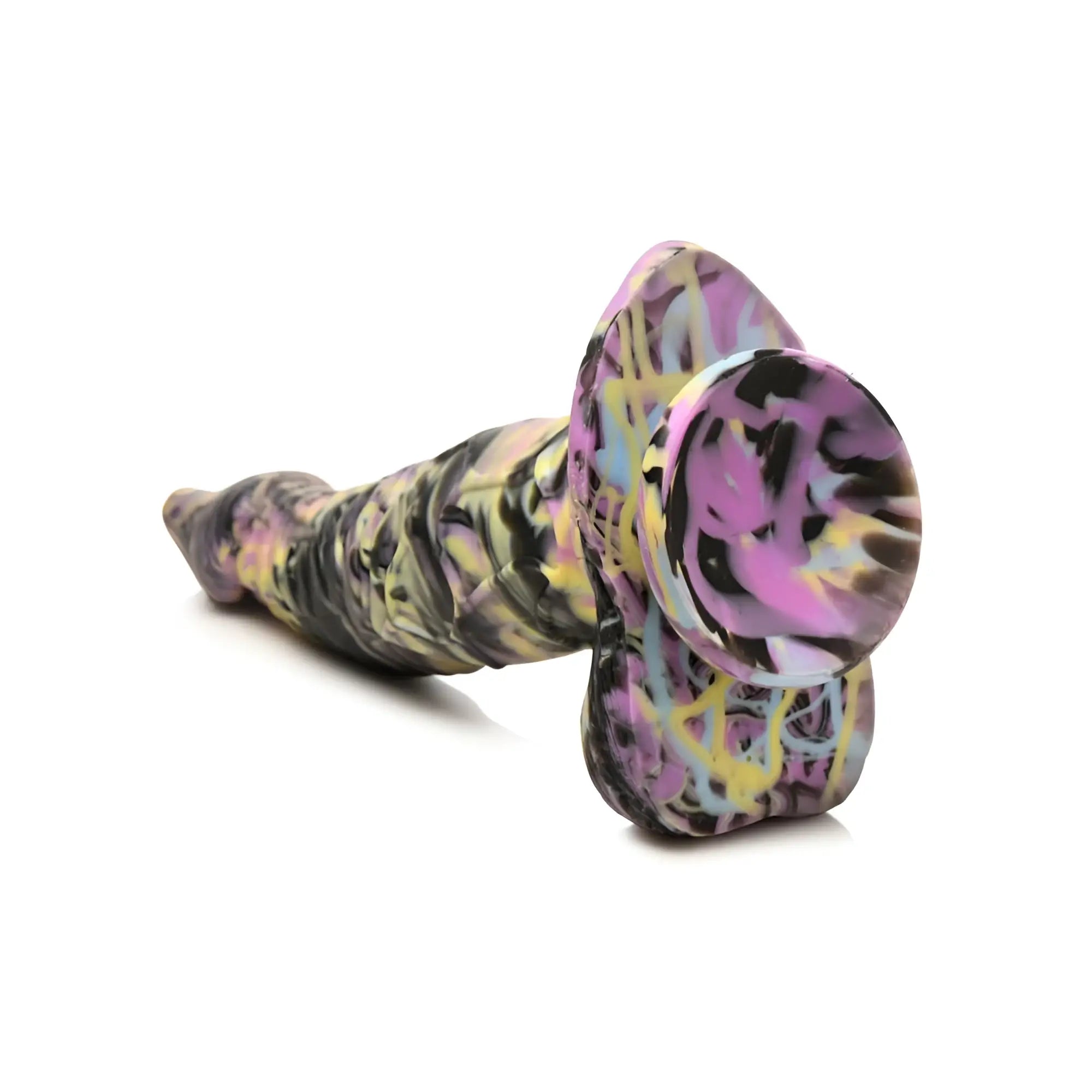 A vibrant marbled silicone dildo with a tapered shaft and swirling purple black yellow and light blue patterns from creature cocks