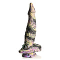 A vibrantly colored silicone dildo with a swirling purple yellow and black pattern from Creature Cocks Cyclops Monster series