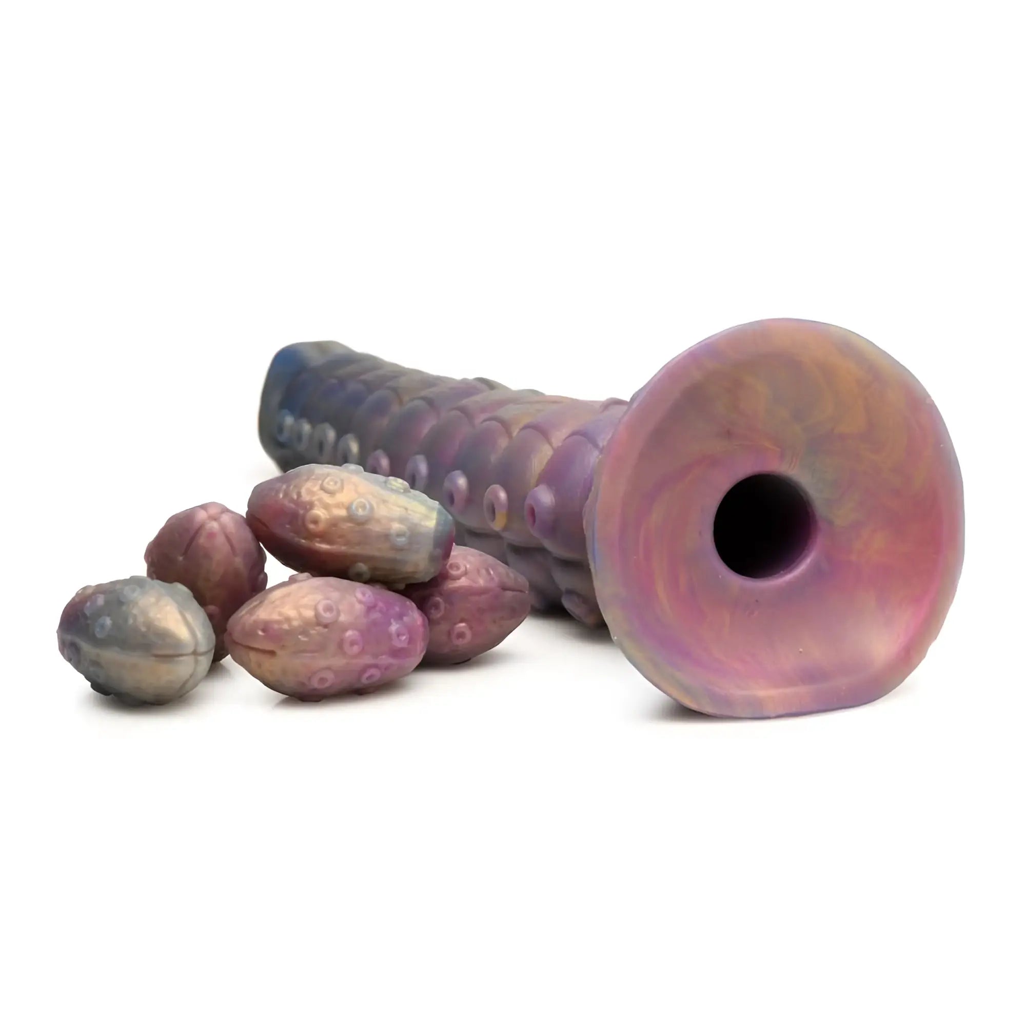 Iridescent purple and pink silicone octopus-shaped dildo with textured suction cup feet and egg details