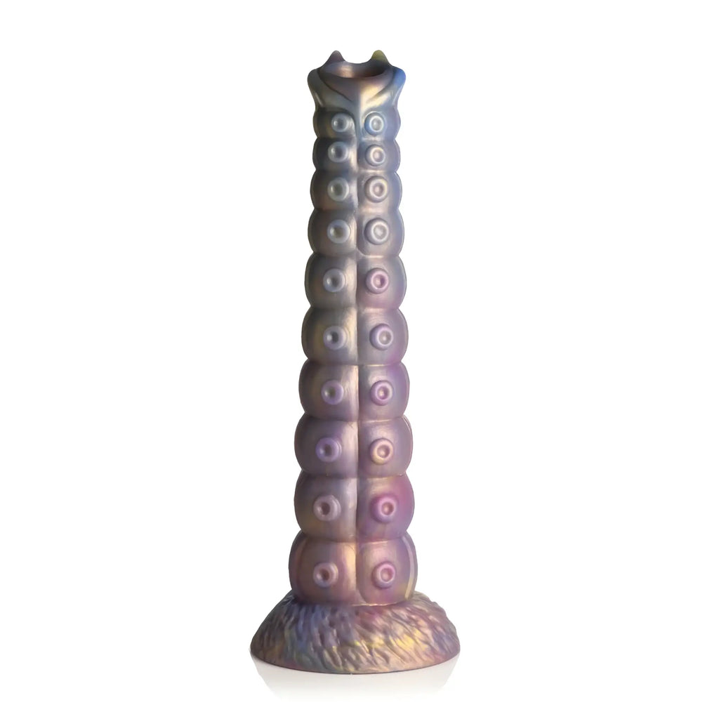 Iris octopus-shaped silicone dildo with iridescent pearlescent finish and textured suction cup rings along its length