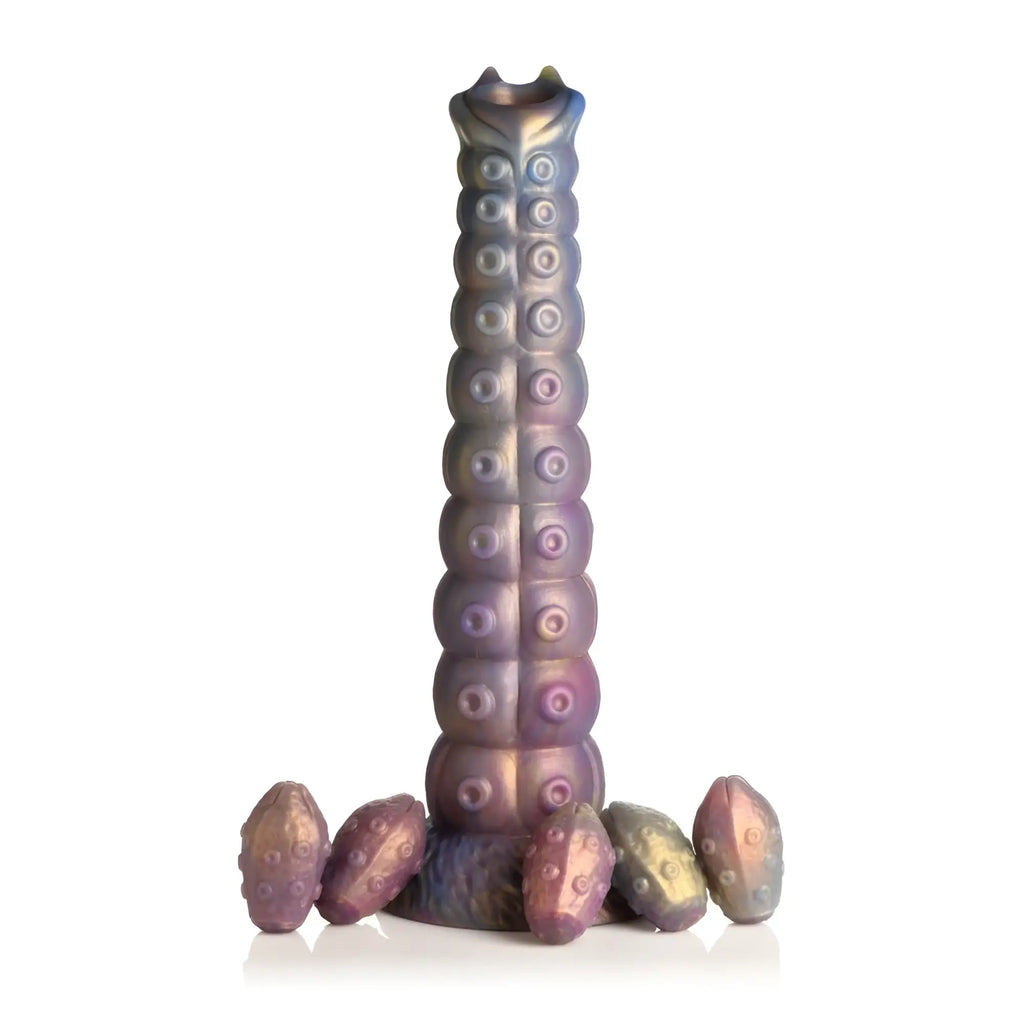 Iris octopus-shaped silicone dildo with iridescent purple and blue finish featuring deep invader tentacle ovipositor eggs