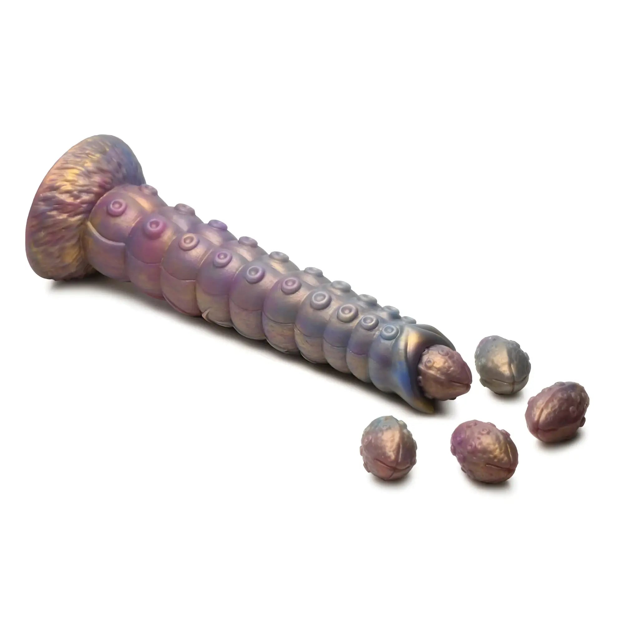 Iris octopus-shaped silicone dildo with iridescent purple and gold finish and textured suction cup details