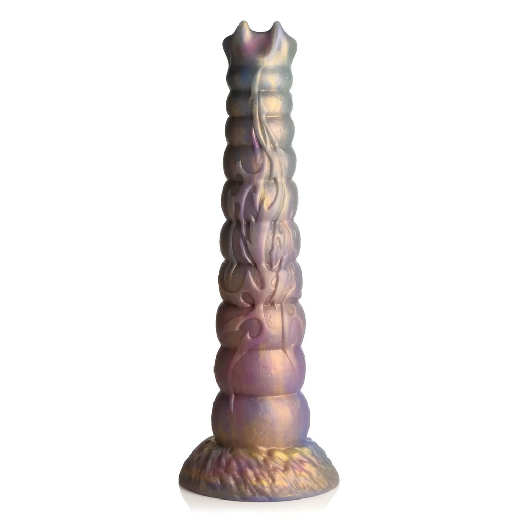 Iris brand silicone dildo with segmented textured body and iridescent purple to gold finish deep invader tentacle