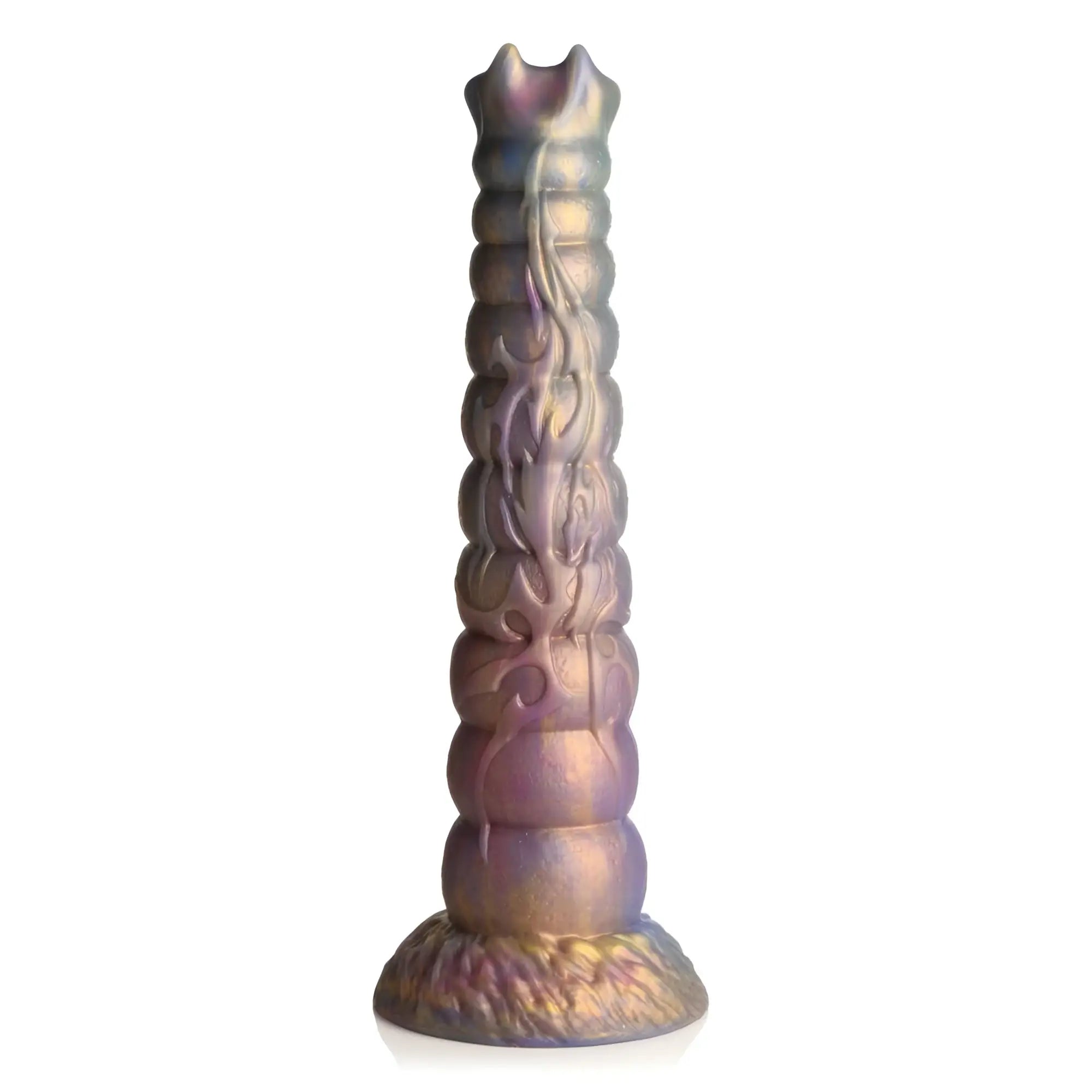 Iris brand silicone dildo with segmented textured body and iridescent purple to gold finish deep invader tentacle