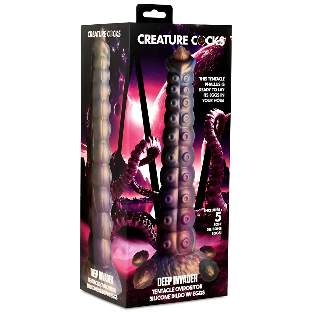 The creature cocks deep invader tentacle ovipositor silicone dildo with eggs features a dark purple and black textured design