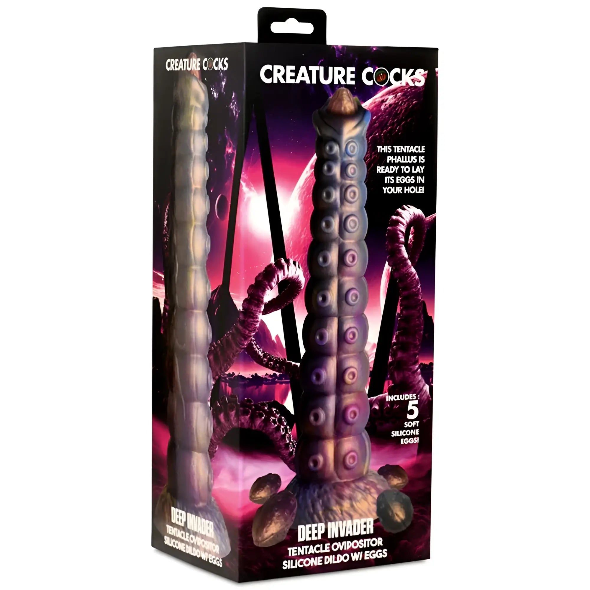 The creature cocks deep invader tentacle ovipositor silicone dildo with eggs features a dark purple and black textured design