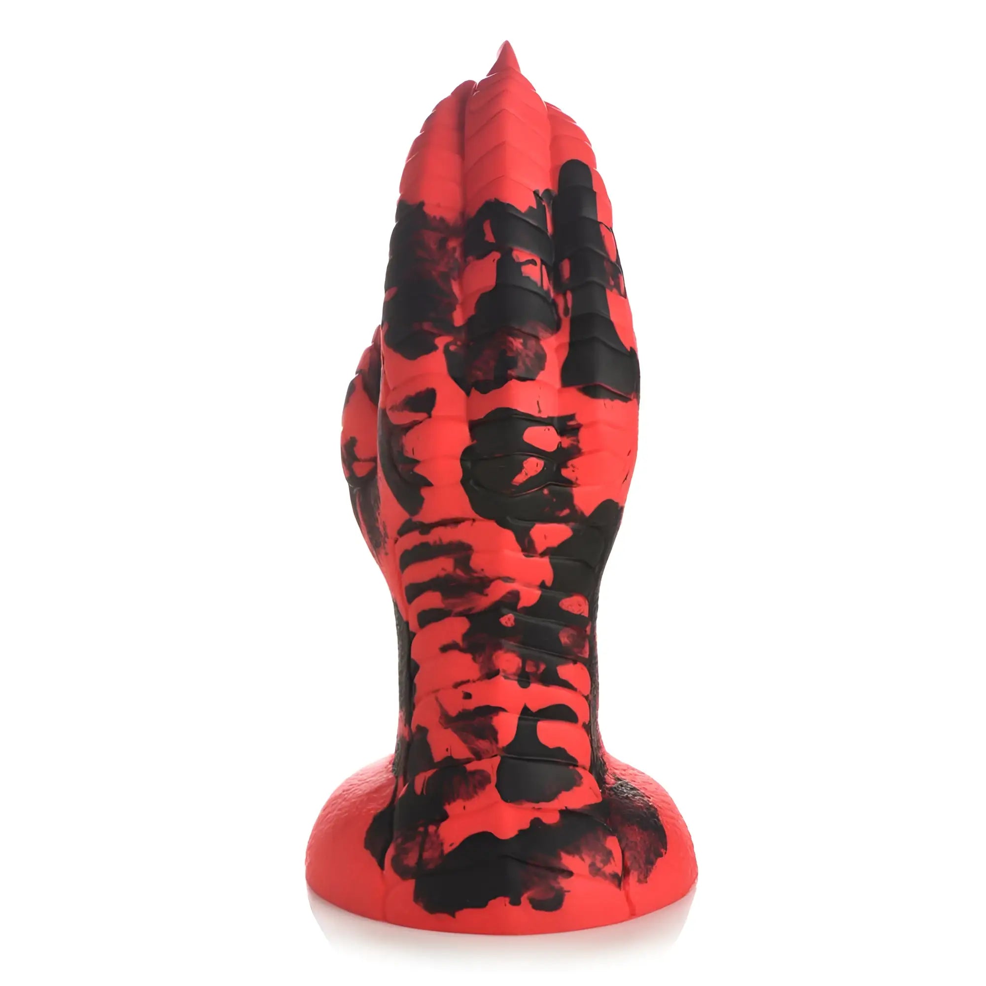 Red and black patterned silicone demon claw fisting dildo with a pointed tip for intense creature cocks play