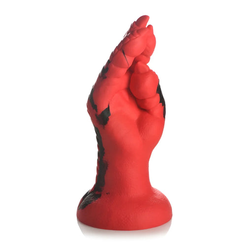 Red hand-shaped silicone dildo with black crack patterns designed for creature cocks demon claw fisting use