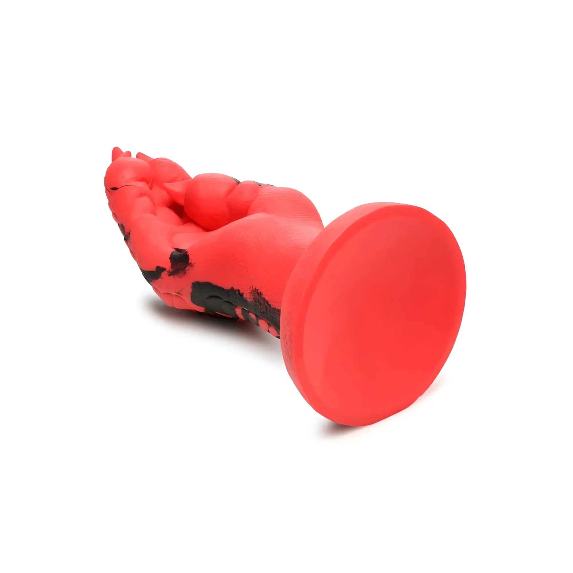 Red silicone demon claw fisting dildo with black splatter design and circular base for intense creature cocks play