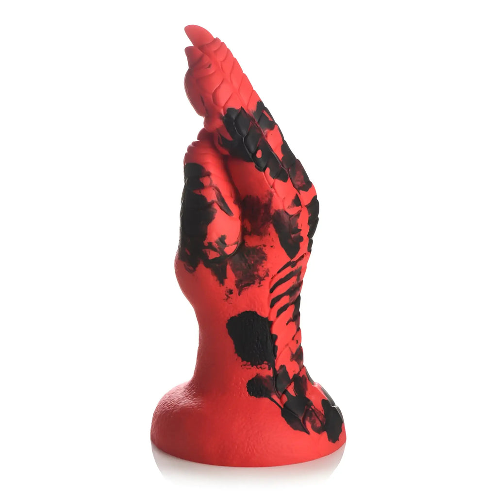 Vibrant red silicone creature cocks demon claw fisting dildo with bold black splatter paint design