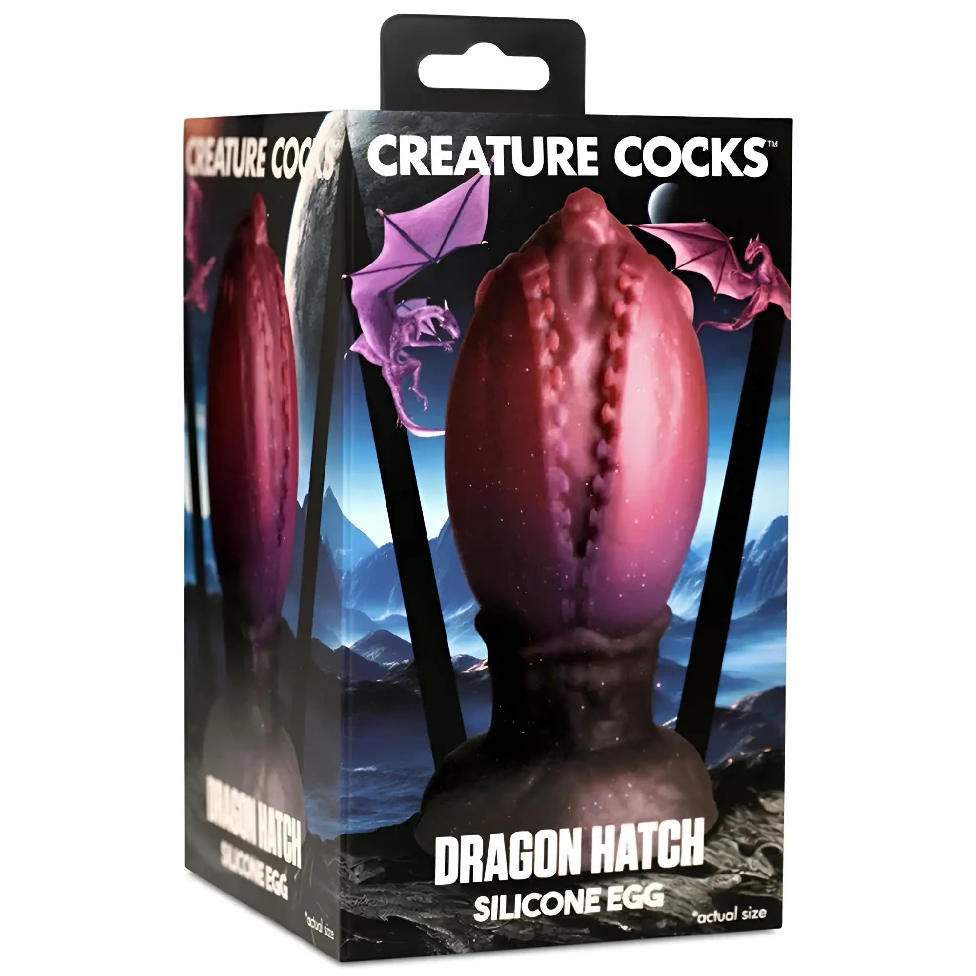 Pink and purple silicone dragon hatch egg by Creature Cocks with textured segmented surface for adult use